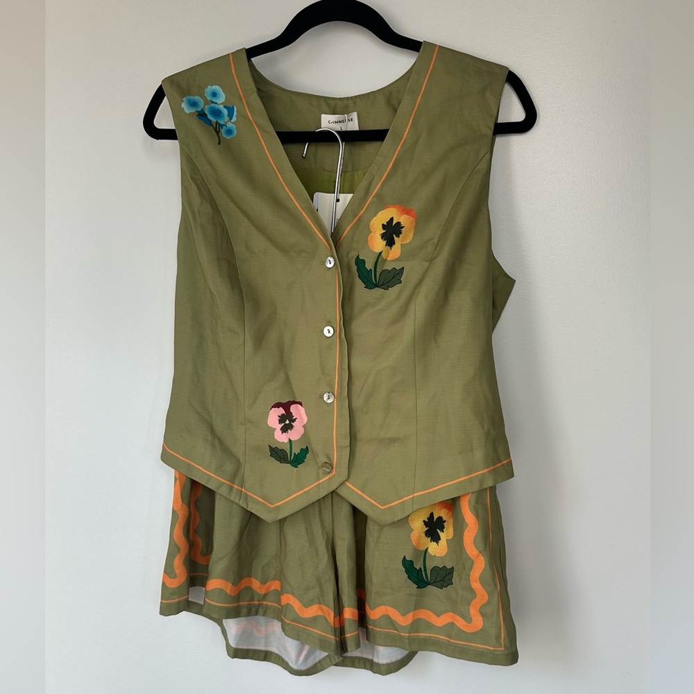 Commense Olive Green Floral Embroidered Tank & Shorts Set with Orange Bag Accent - Picture 2 of 4